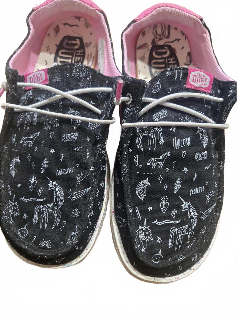Hey Dude Black and Pink Unicorn Print Casual Shoes - Picture 2 of 5